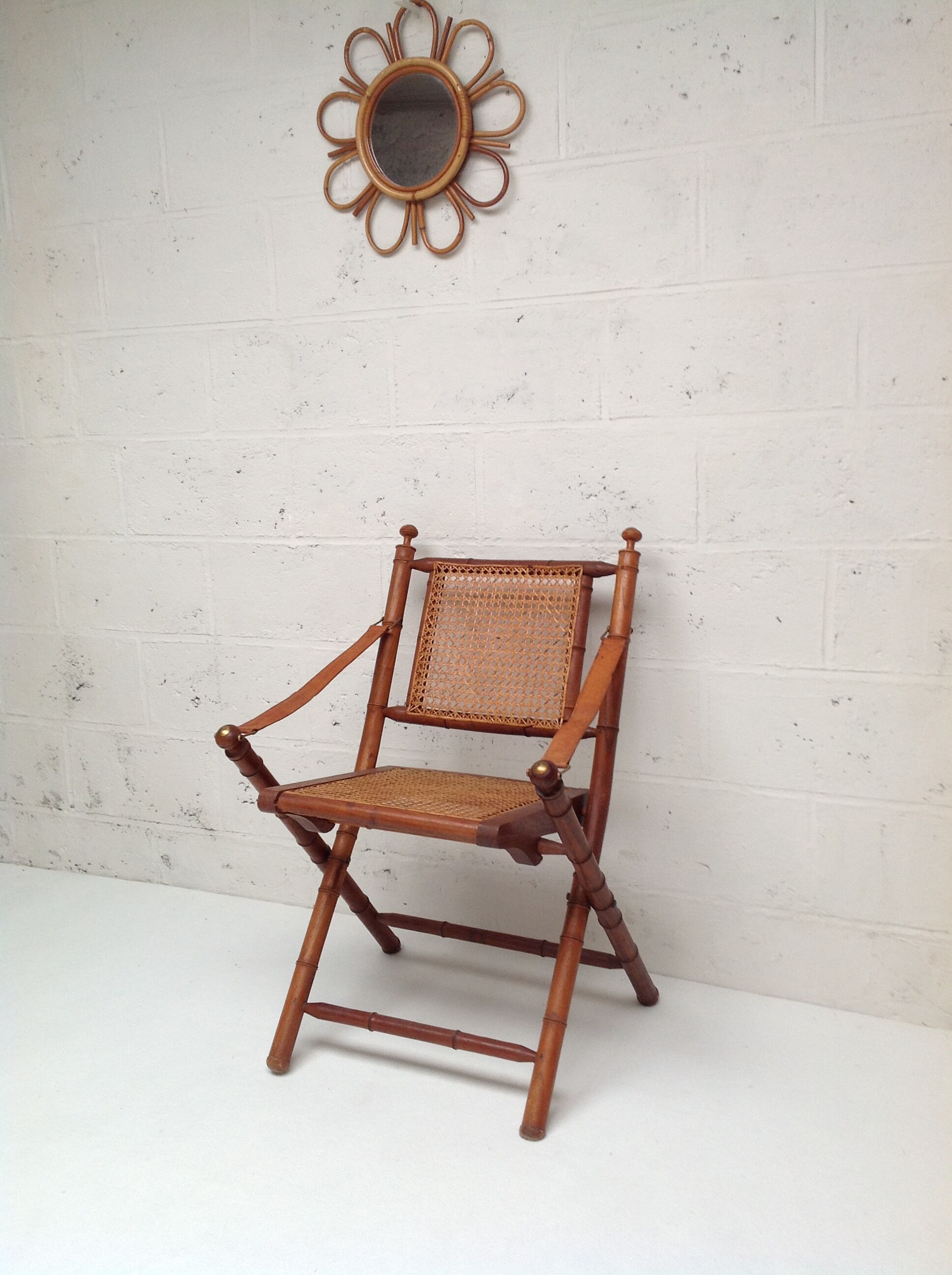 Bamboo folding chair and canning, leather and brass