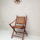 Bamboo folding chair and canning, leather and brass
