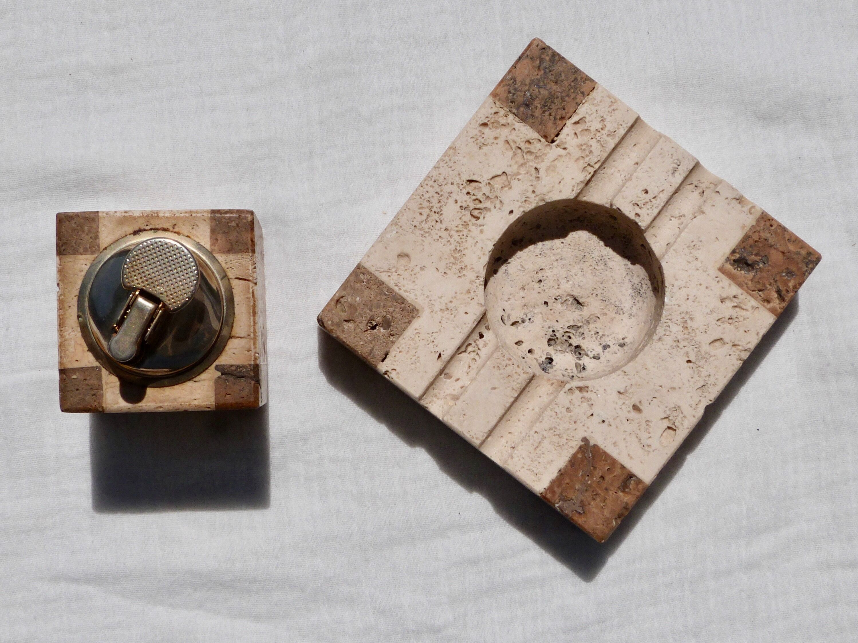 Travertine smoker's set, lighter and ashtray