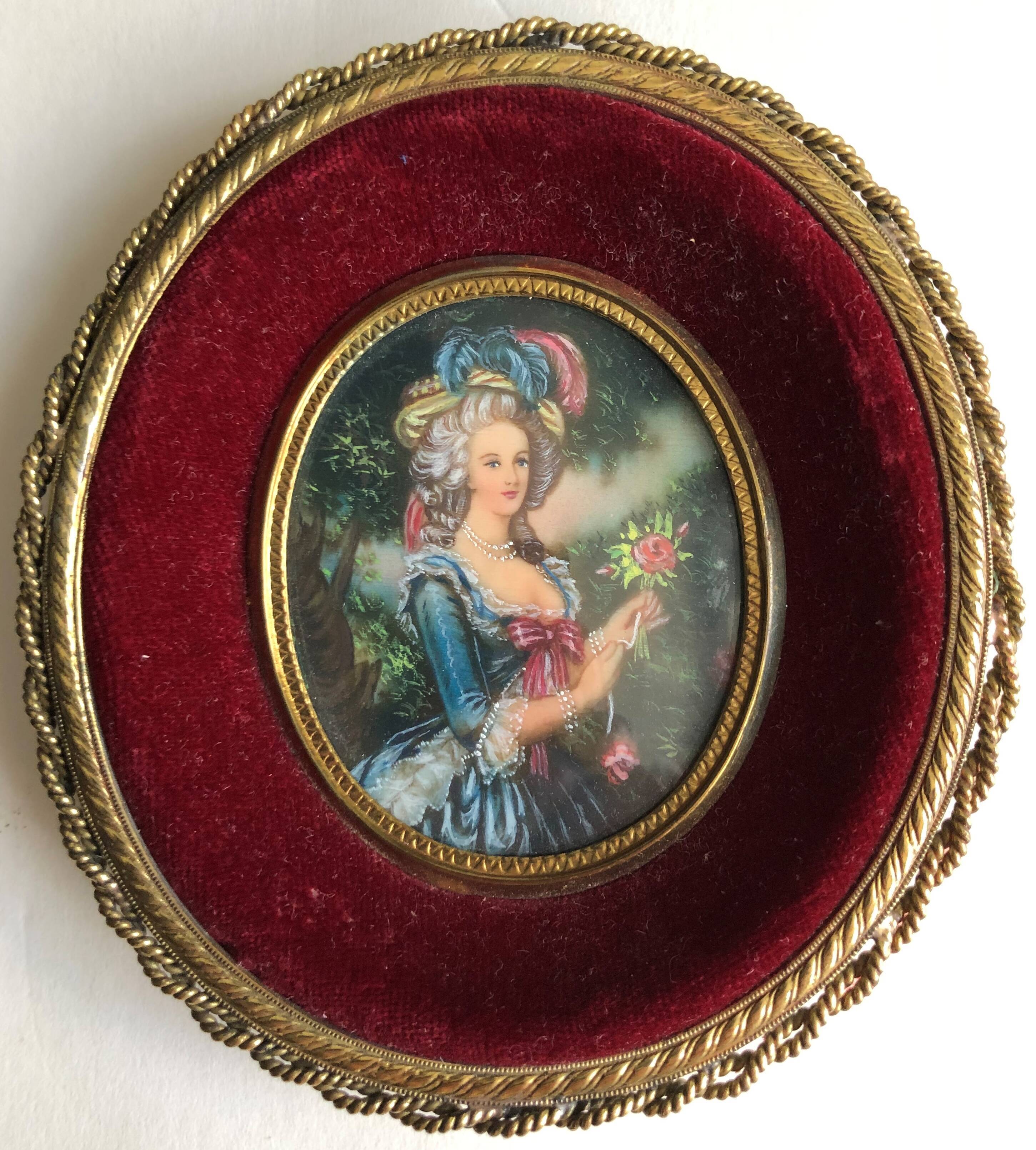 Miniature portrait d'élégante au bouquet