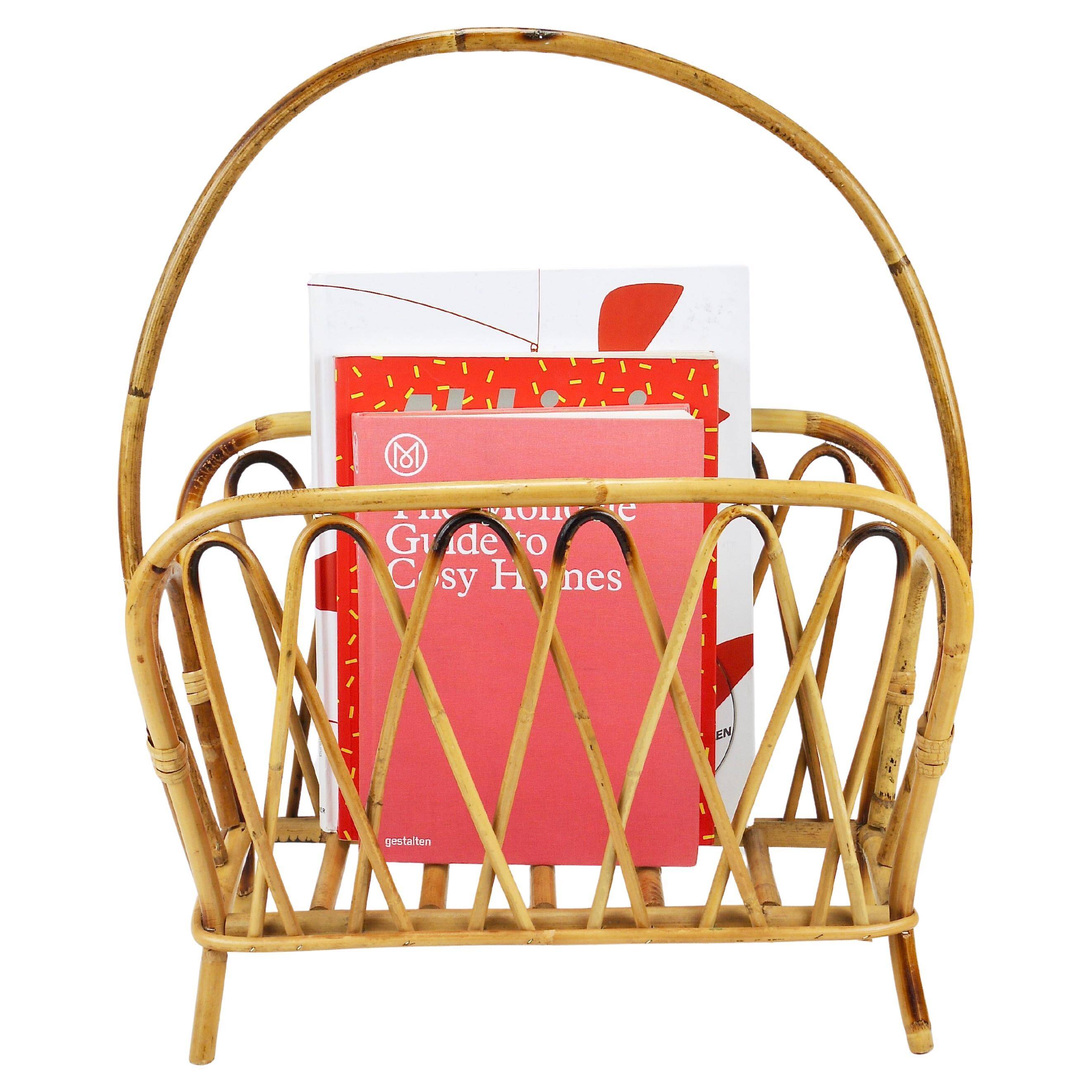 Bamboo and rattan magazine rack in the style of Franco Albini, Italy, 1970s.