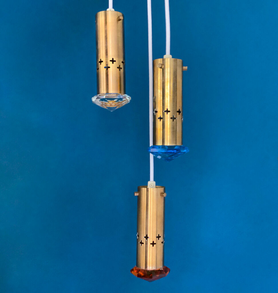 3 Mid Century Helmer Andersson for Örsjö hanging lamps, Brass and colored glass