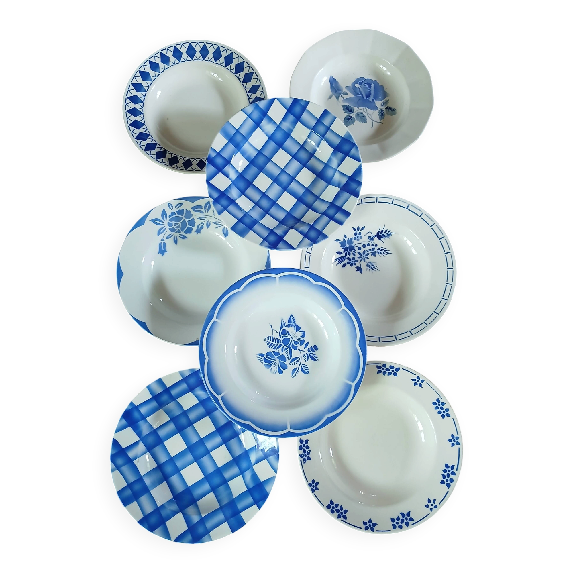 8 mismatched antique deep plates