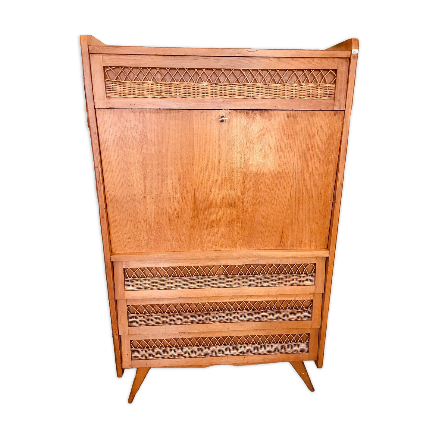 Vintage secretary in lacquered wood and rattan with compass feet