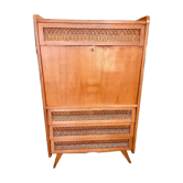 Secrétaire vintage en bois laqué et rotin avec pieds compas