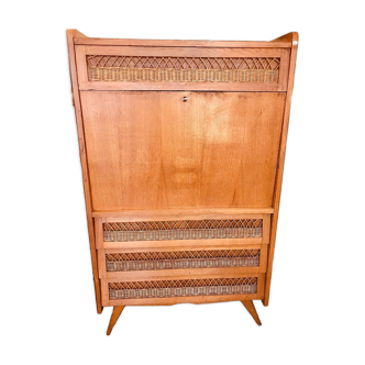 Vintage secretary in lacquered wood and rattan with compass feet