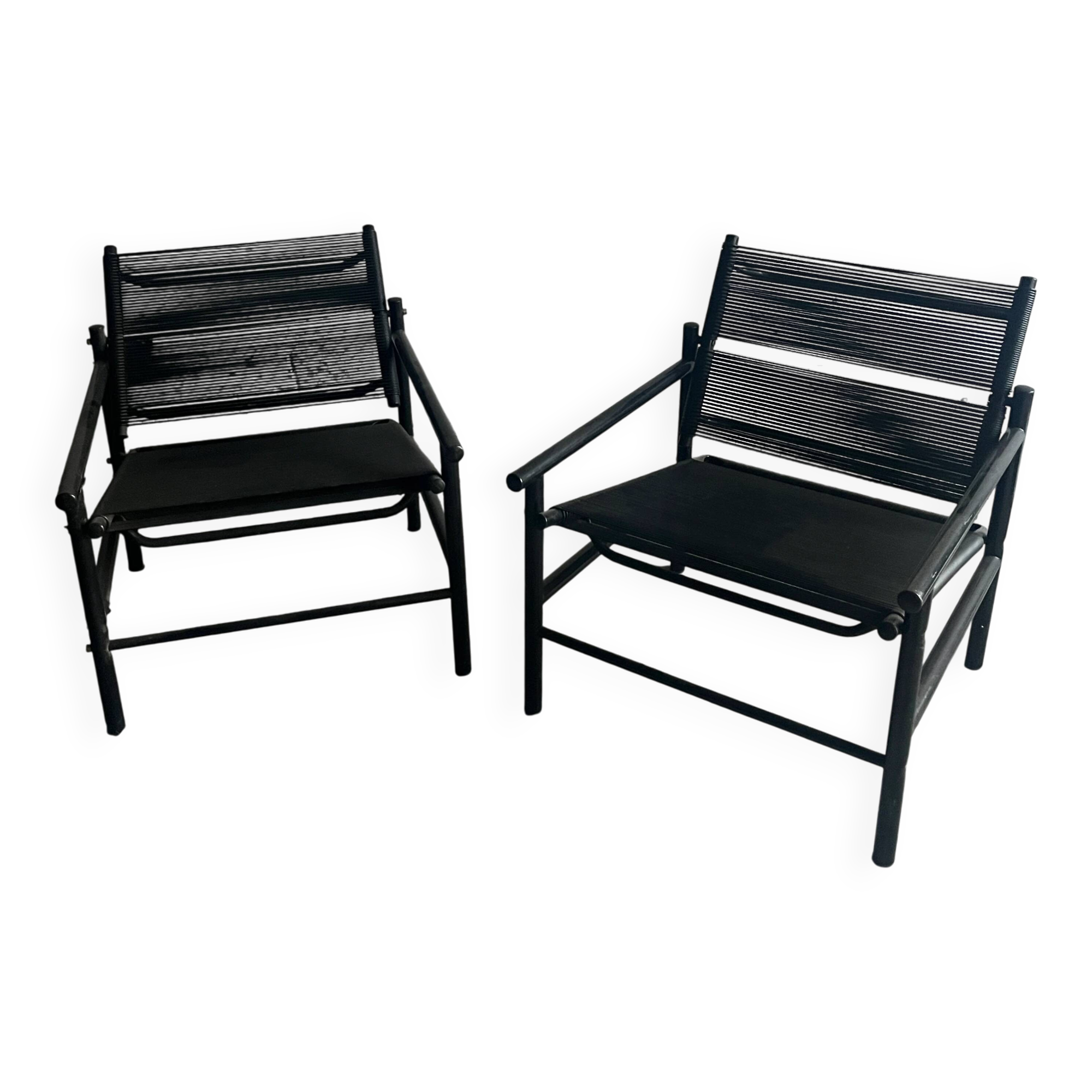 Set of 2 Black PVC Spaghetti Lounge Chairs — Lacquered Metal Frame, Giandomenico Belotti (1980s)