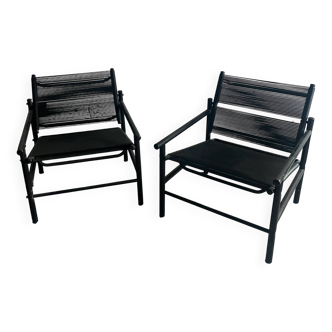 Set of 2 Black PVC Spaghetti Lounge Chairs — Lacquered Metal Frame, Giandomenico Belotti (1980s)