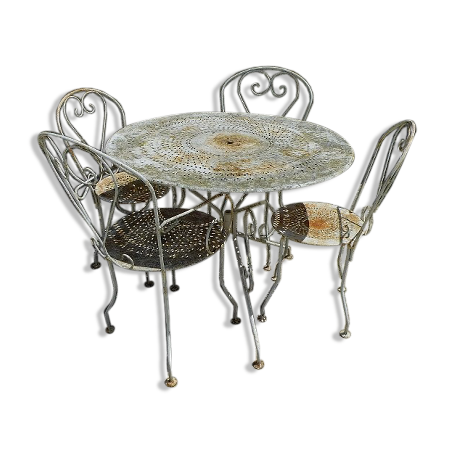 Iron garden furniture forge table, 2 armchairs and 2 chairs