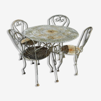 Iron garden furniture forge table, 2 armchairs and 2 chairs