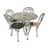 Iron garden furniture forge table, 2 armchairs and 2 chairs