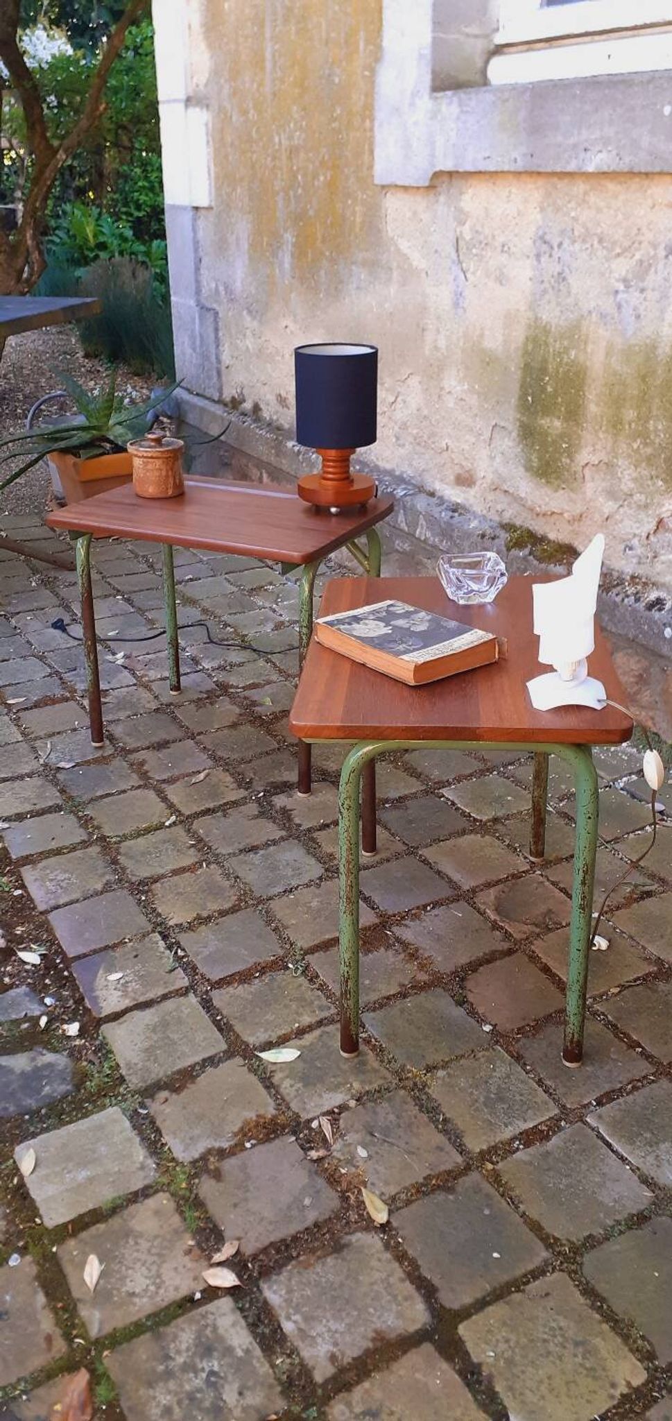 Pair of 1960s tables in tubular metal and solid teak