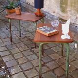 Pair of 1960s tables in tubular metal and solid teak