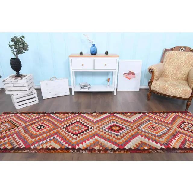 1970s Vintage Turkish Hand-Knotted Wool Cotton Orange Runner Rug 85x330