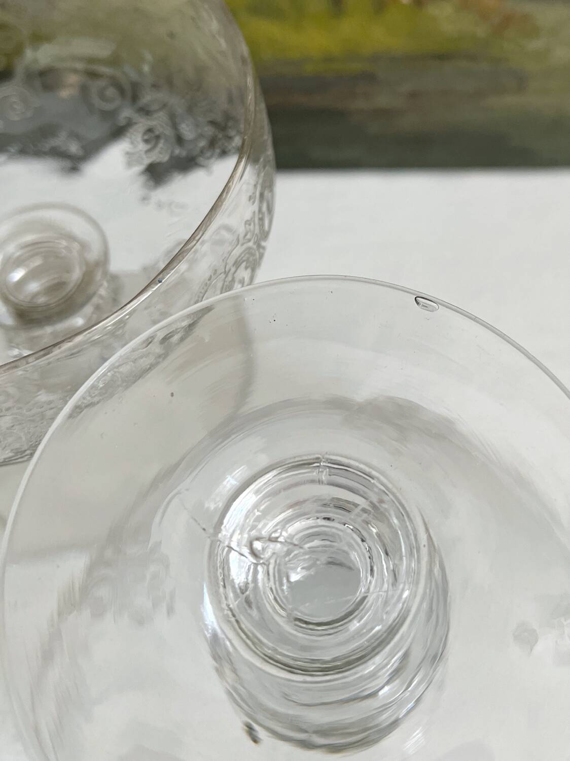 2 antique champagne glasses in engraved glass