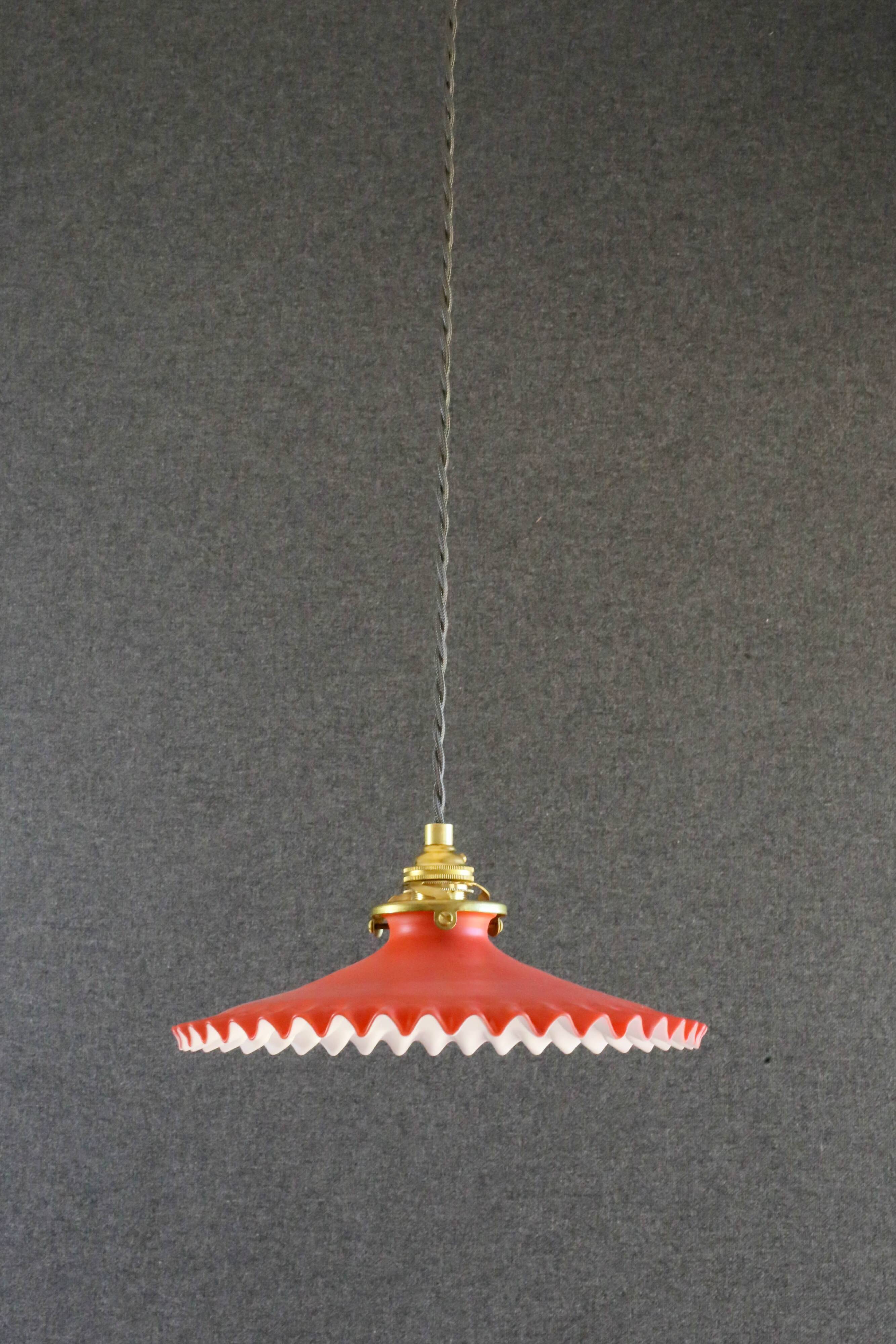 Pendant light in old glass painted red and white. New socket and cable.