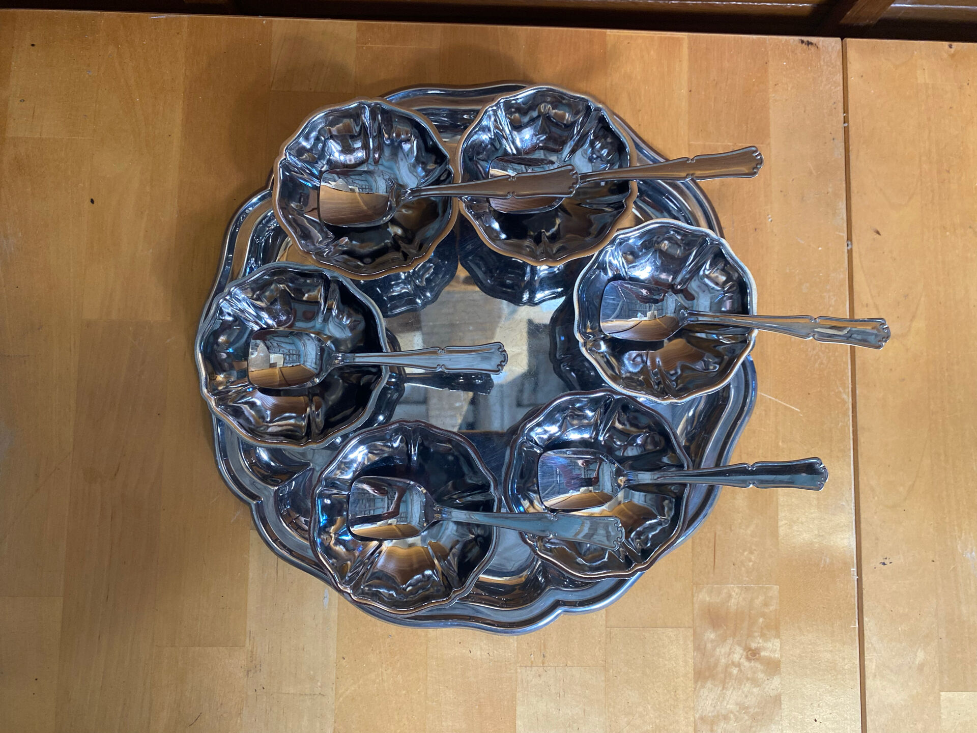 Ice Cream Service GUY DEGRENNE Tray + 6 Bowls + 6 Vintage Spoons