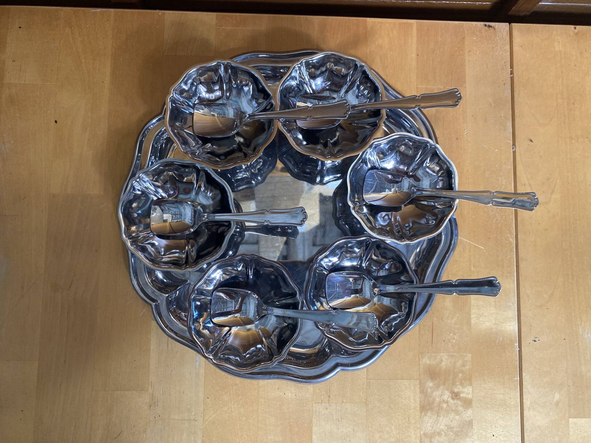 Ice Cream Service GUY DEGRENNE Tray + 6 Bowls + 6 Vintage Spoons