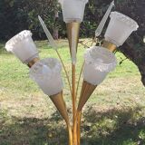 Vintage floor lamp in gilded brass with 5 glass tulips from the 50s