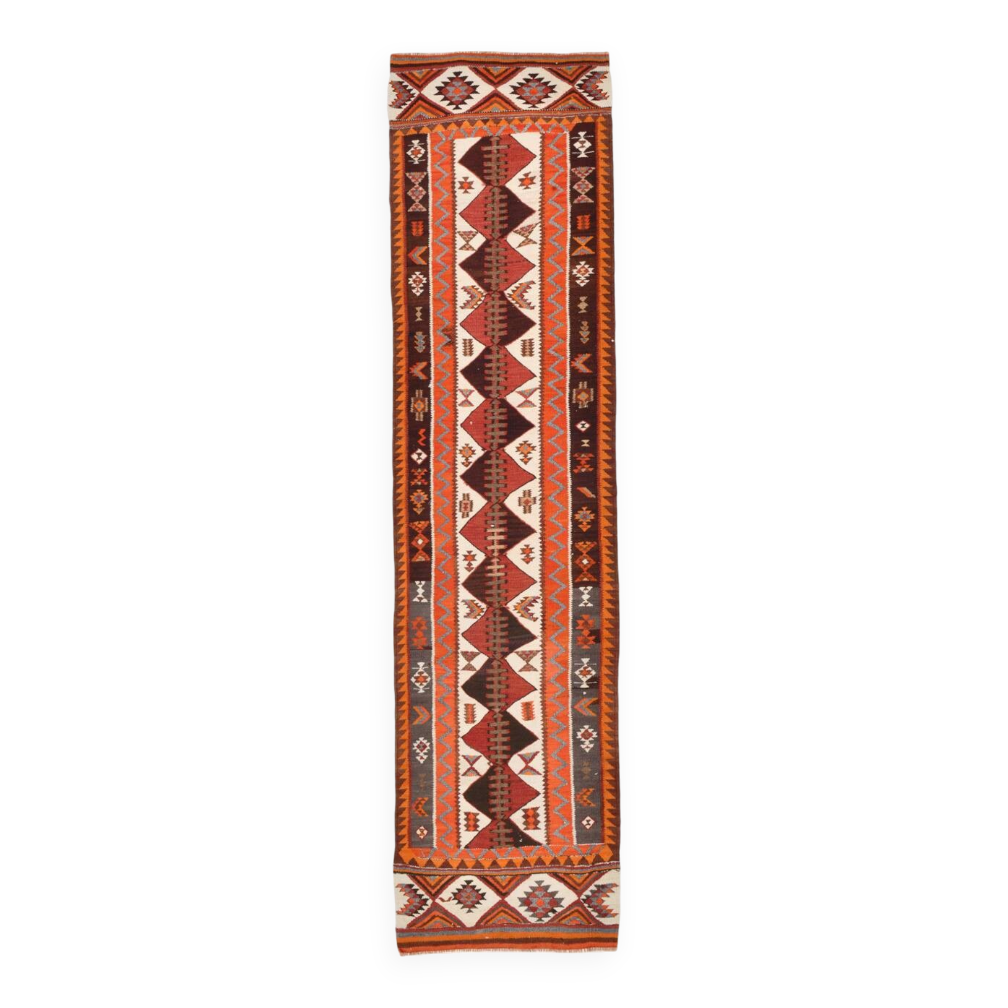 Orange & Brown Vintage Kilim Runner Rug, Oriental Pattern Hallway Carpet