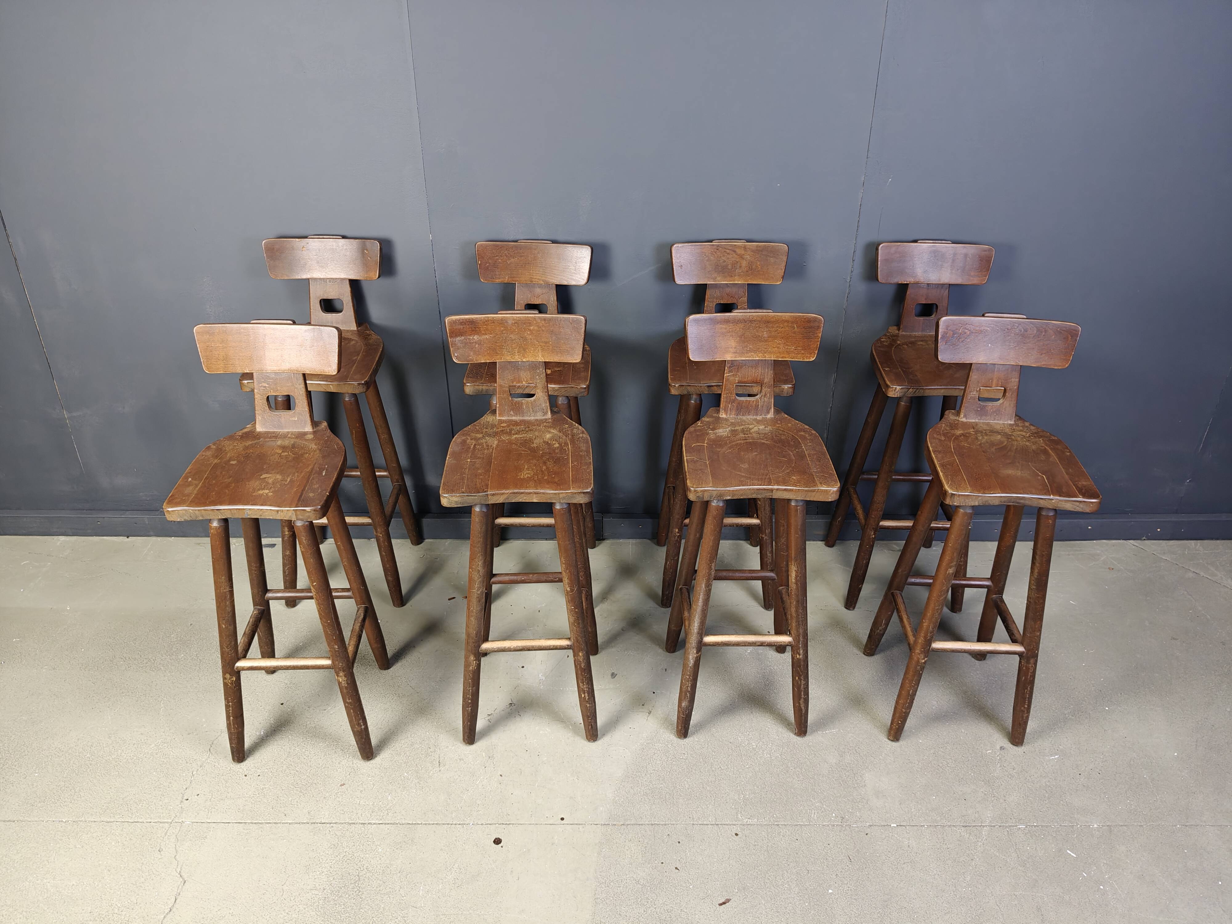 Set of 8 vintage brutalist bar stools, 1960s