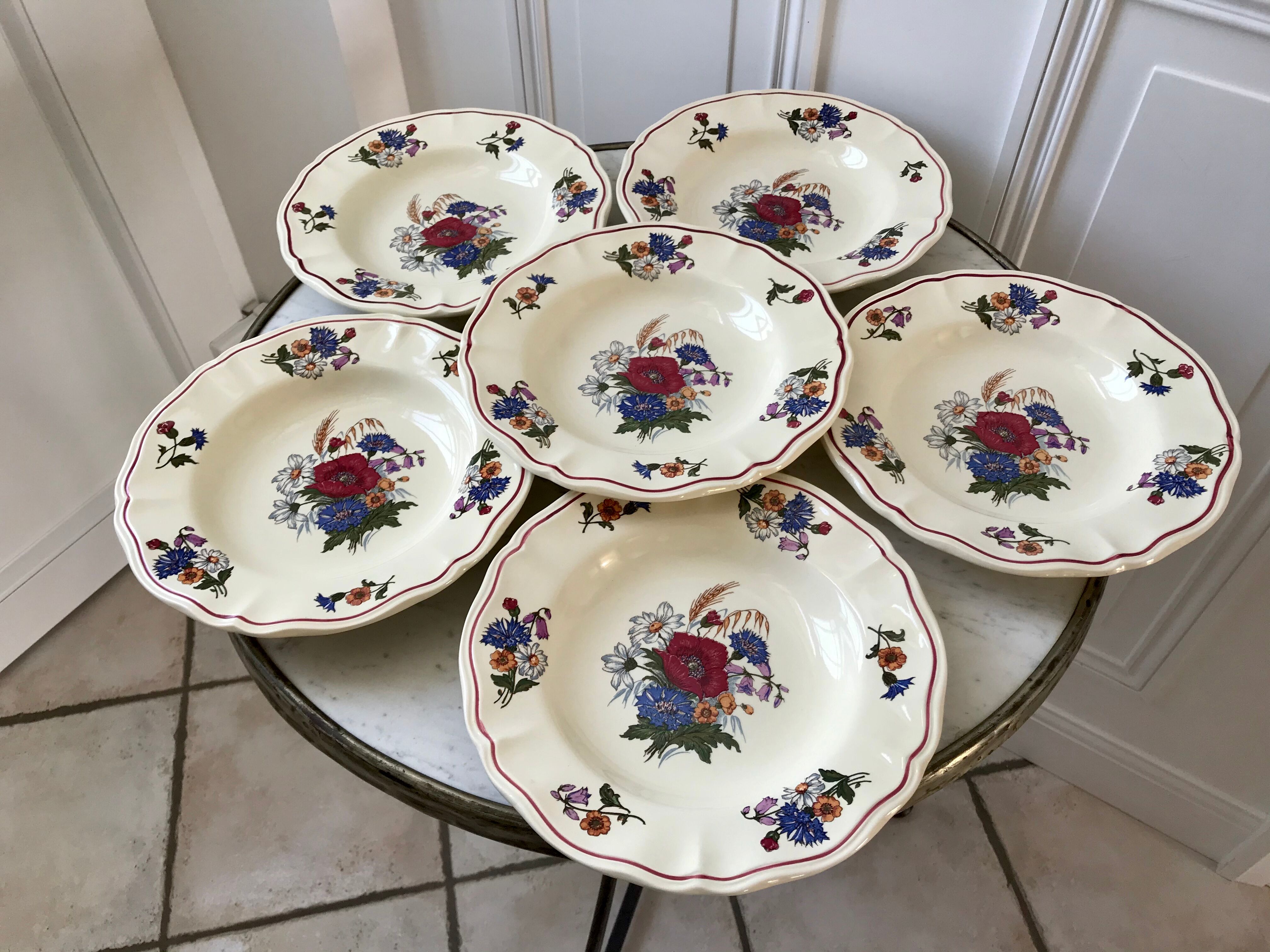 Set of 6 hollow plates Digoin Sarreguemines model Agreste 50s