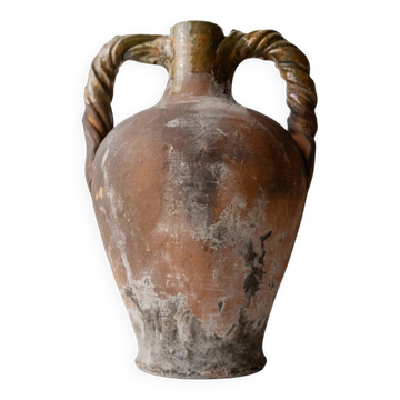 18th-century antique terracotta amphora, Italian ceramic with twisted handles.