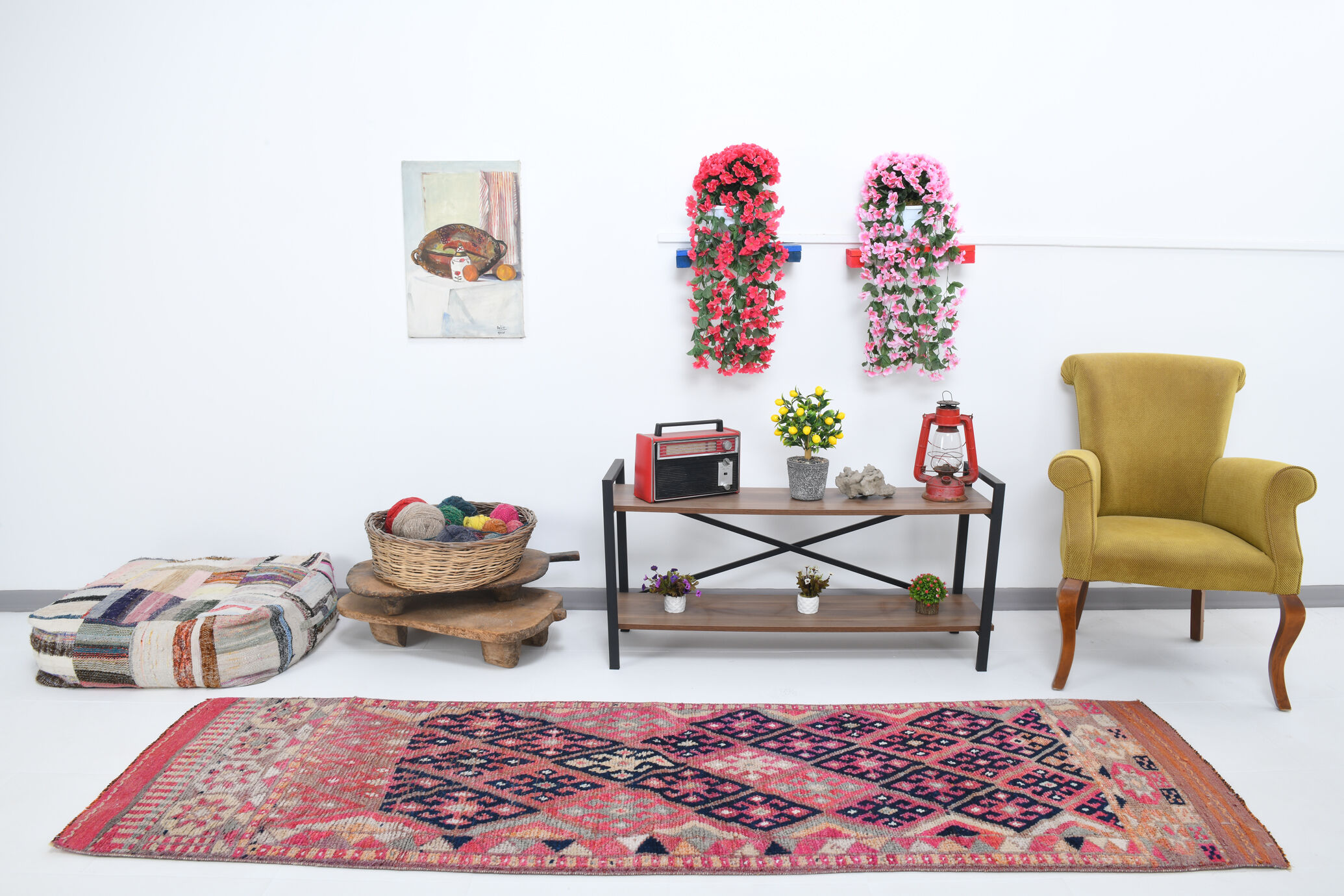 3x9 navy blue & pink turkish runner rug 79x272cm