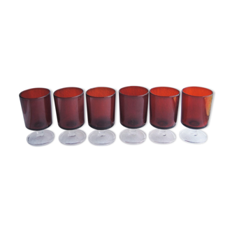 6 old luminarc red foot glasses h9,2 cm