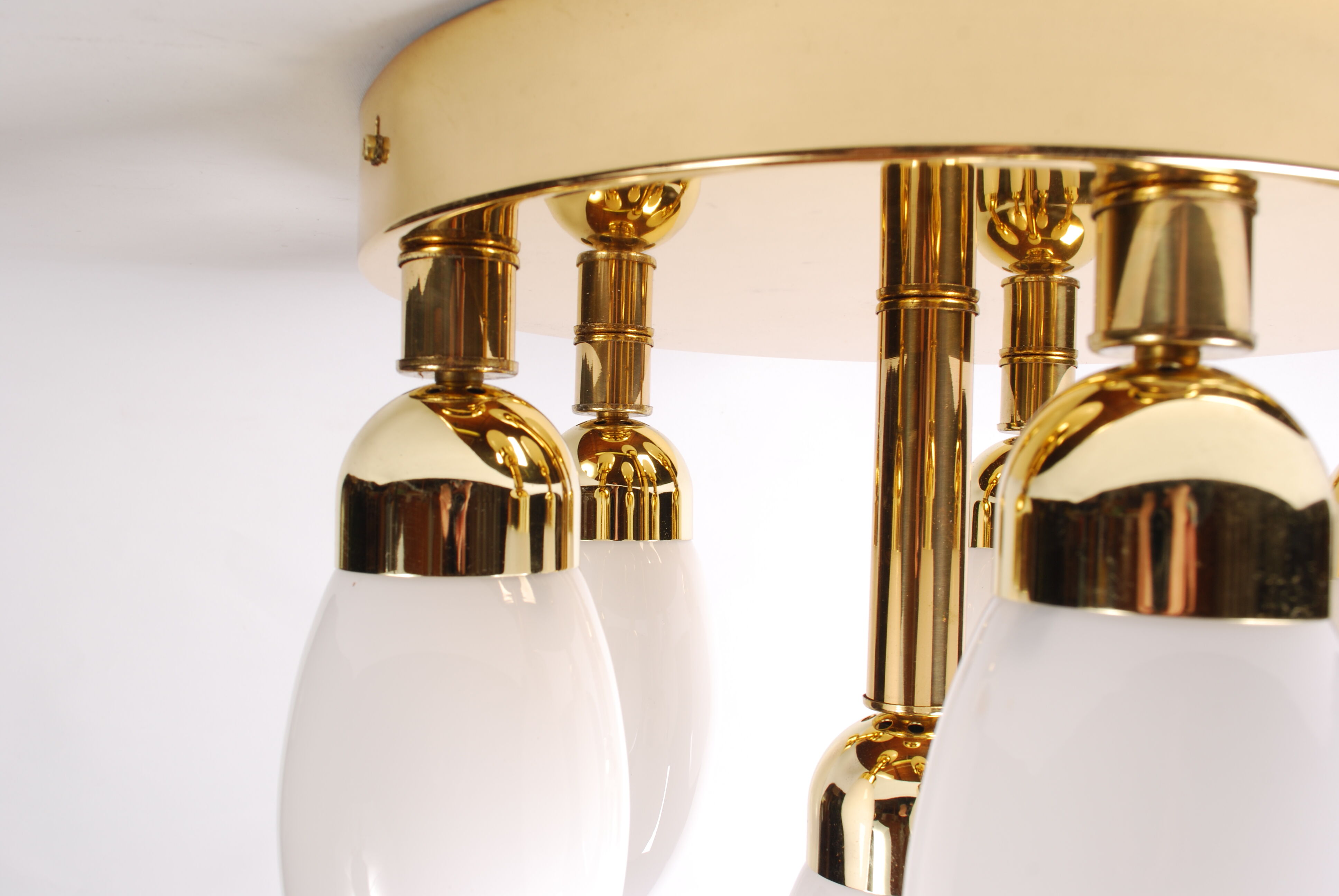 sputnik flush mount, atomic brass ceiling fixture with six opaline cone shaped globes, 1970's