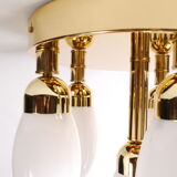 sputnik flush mount, atomic brass ceiling fixture with six opaline cone shaped globes, 1970's