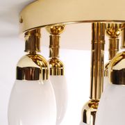 sputnik flush mount, atomic brass ceiling fixture with six opaline cone shaped globes, 1970's