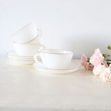 Set of 4 cups and under cups Arcopal harlequin range, white and gold, made in France