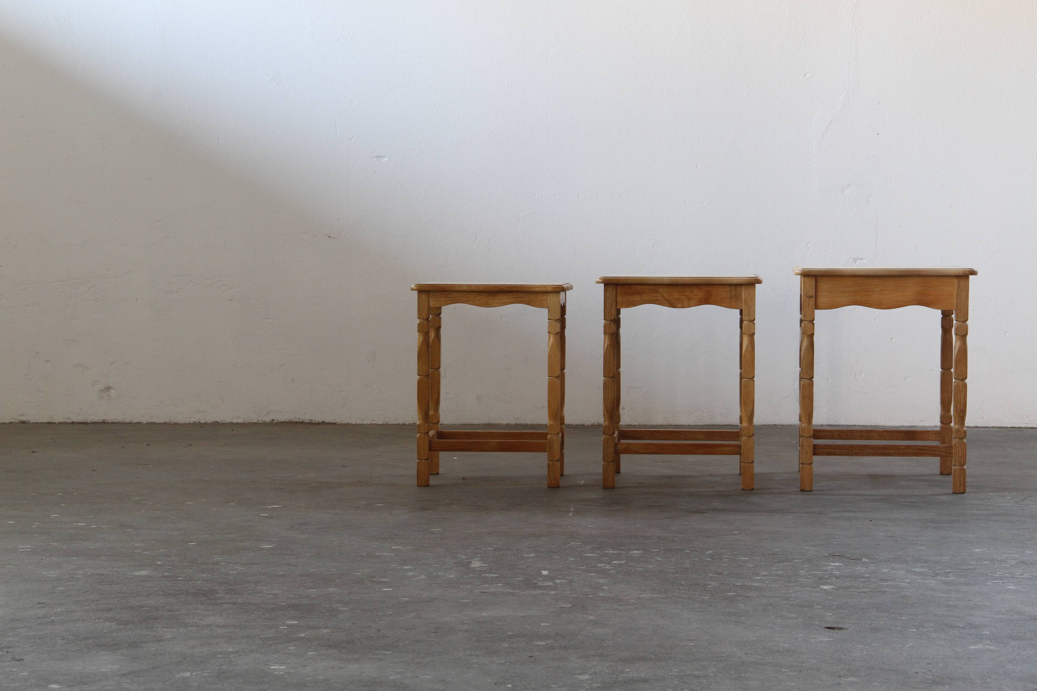 Vintage 1970s set of 3 Nesting / Stacking Oak Tables, style of Henning Kjær