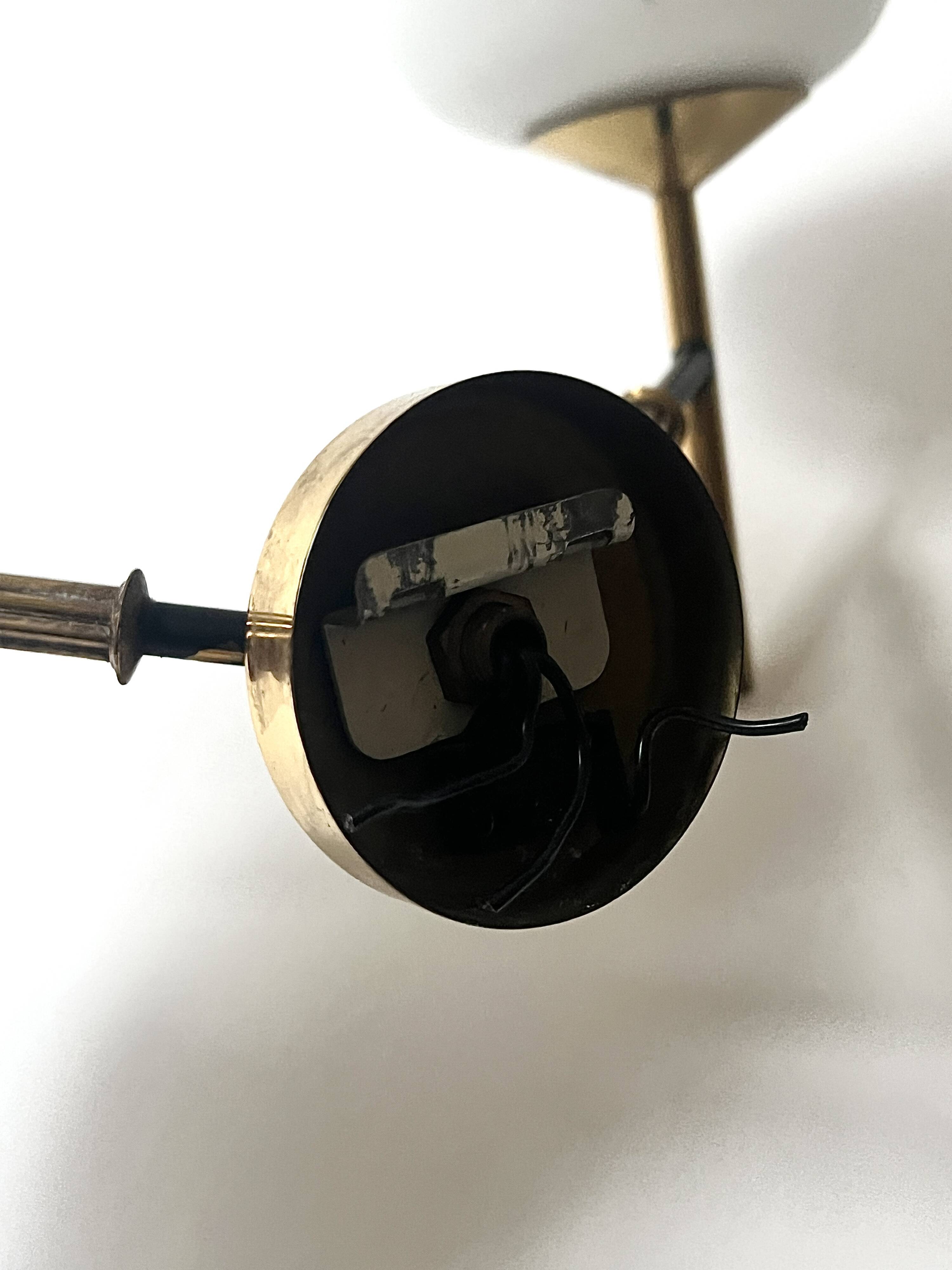 2 double wall lights in brass and white opaline glass, Arlus design 1950