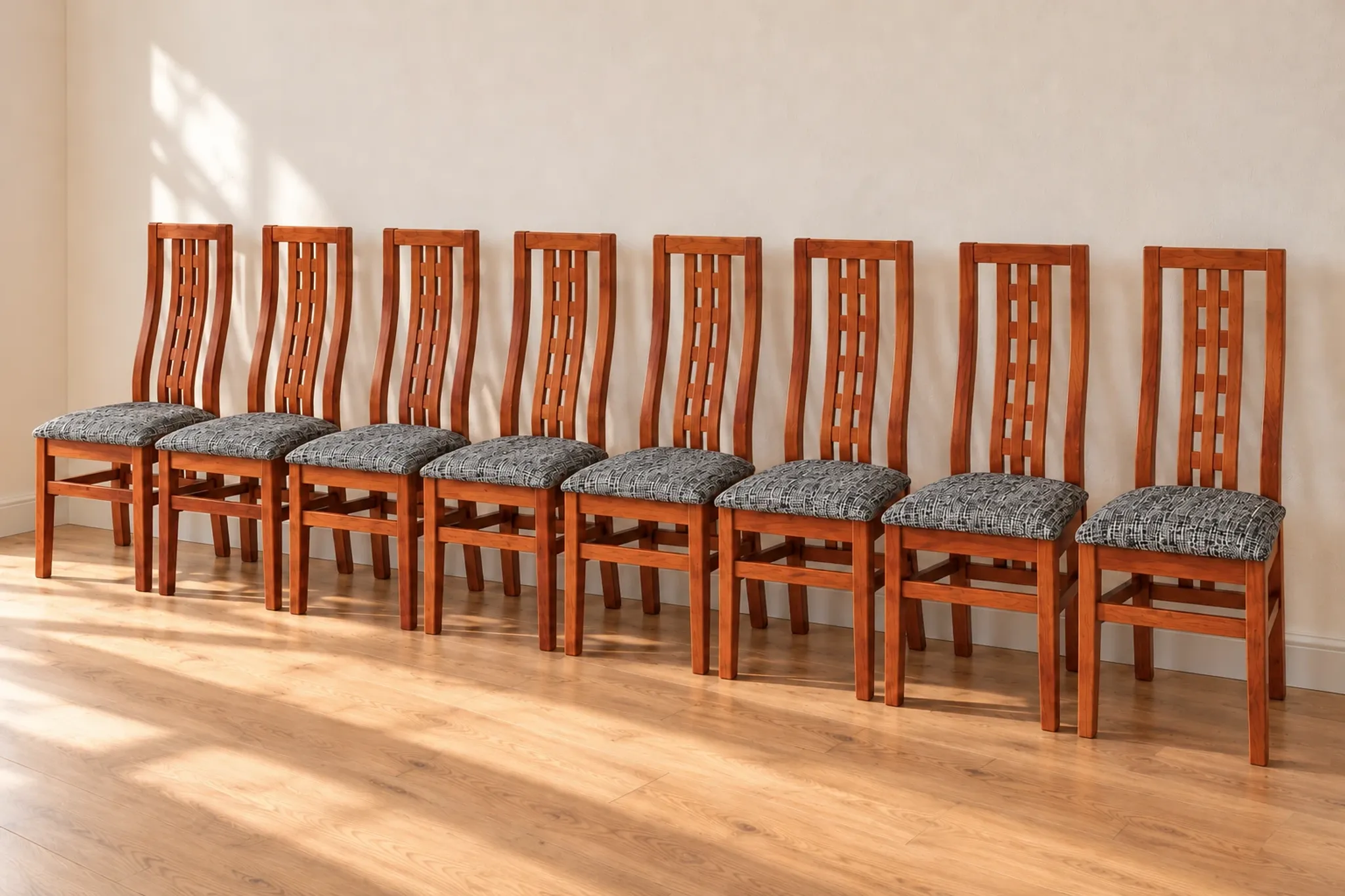 Set of 8 Vintage Teak Chairs in Mackintosh Style - Black and White Zebra Fabric