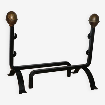 Pair of cast iron and brass fireplace andirons