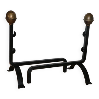 Pair of cast iron and brass fireplace andirons