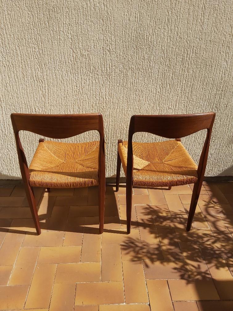 3 Niels Otto Moller chairs in teak and straw 60s