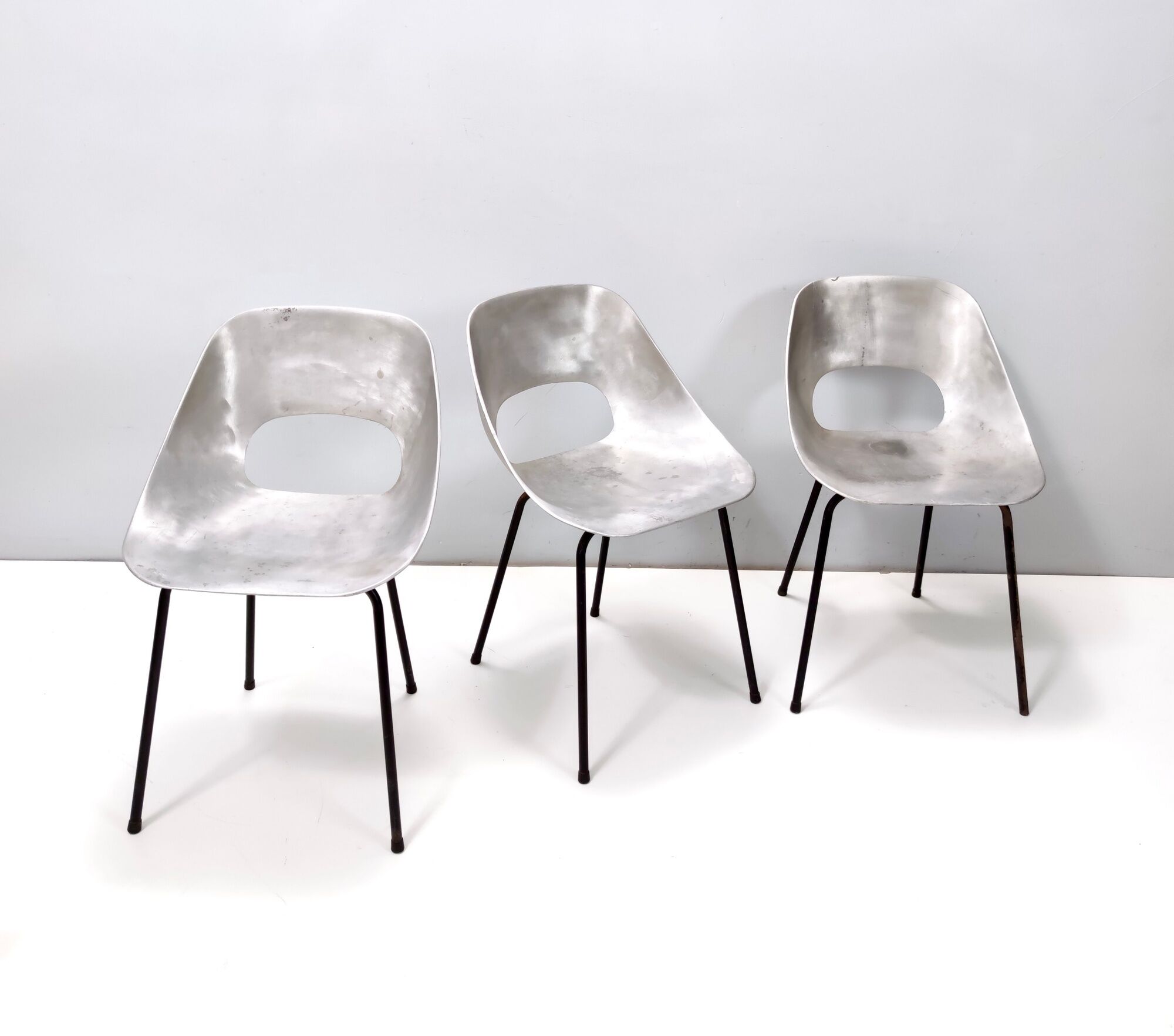 Set of Three Aluminum "Tulipe" Tonneu Chairs by Pierre Guariche, France