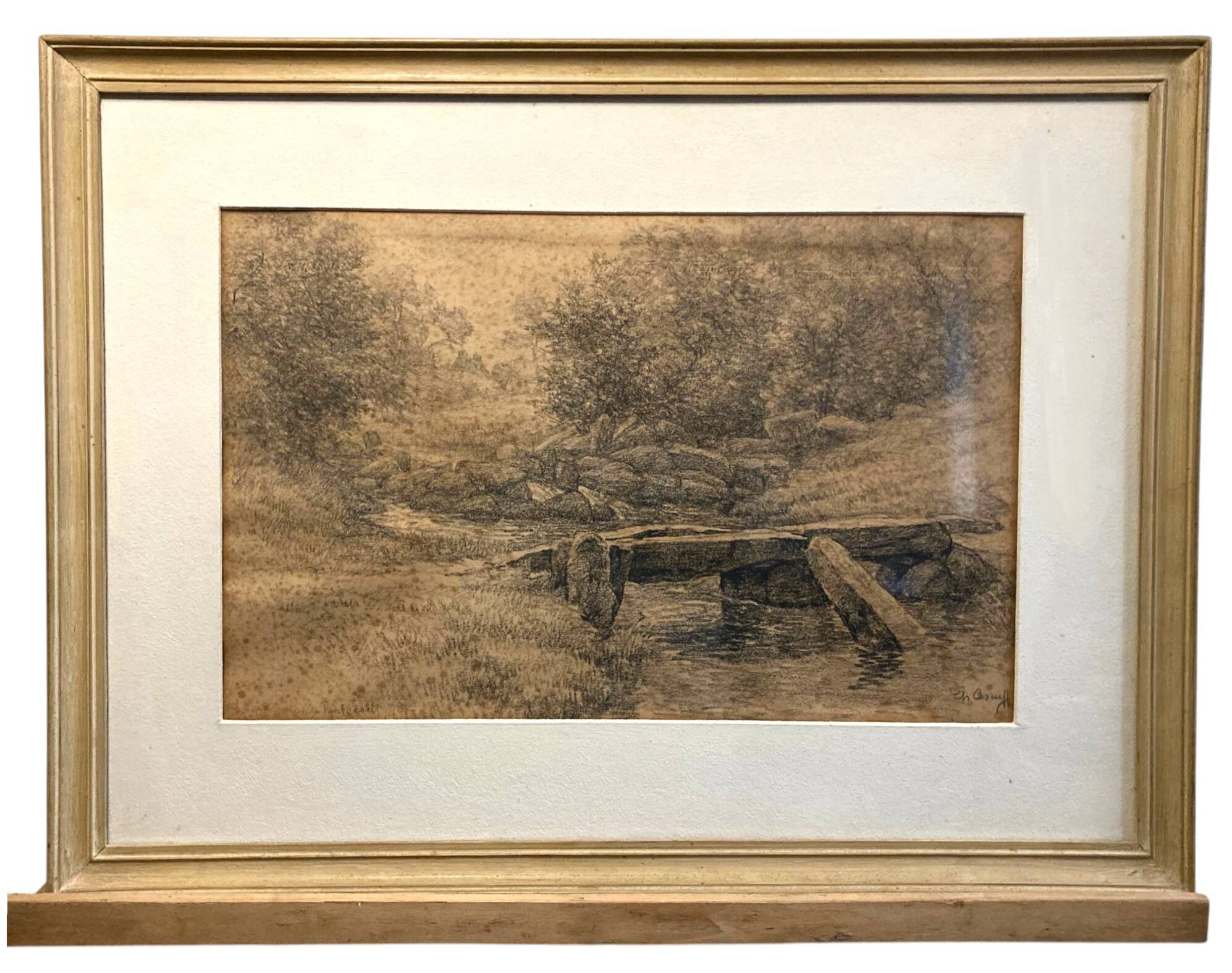 Corcuff, charcoal drawing of a bridge in Brittany signed early 20th century.