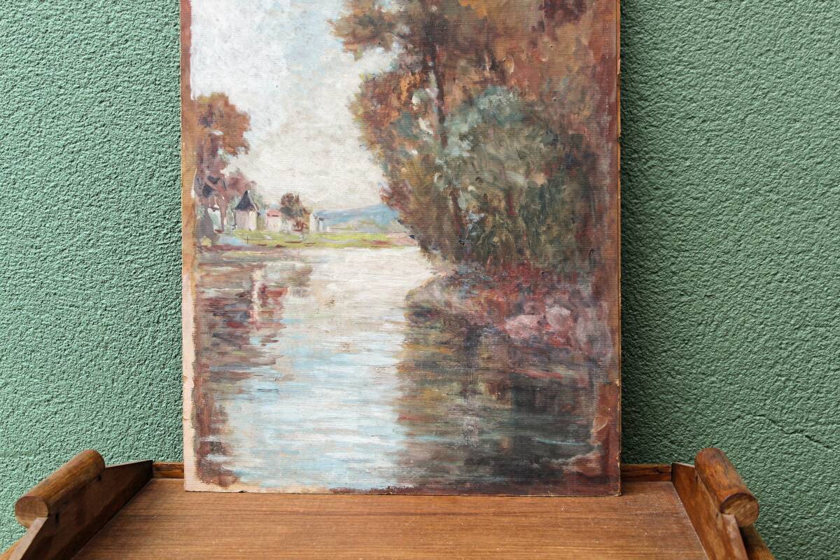 Oil on hardboard, riverside