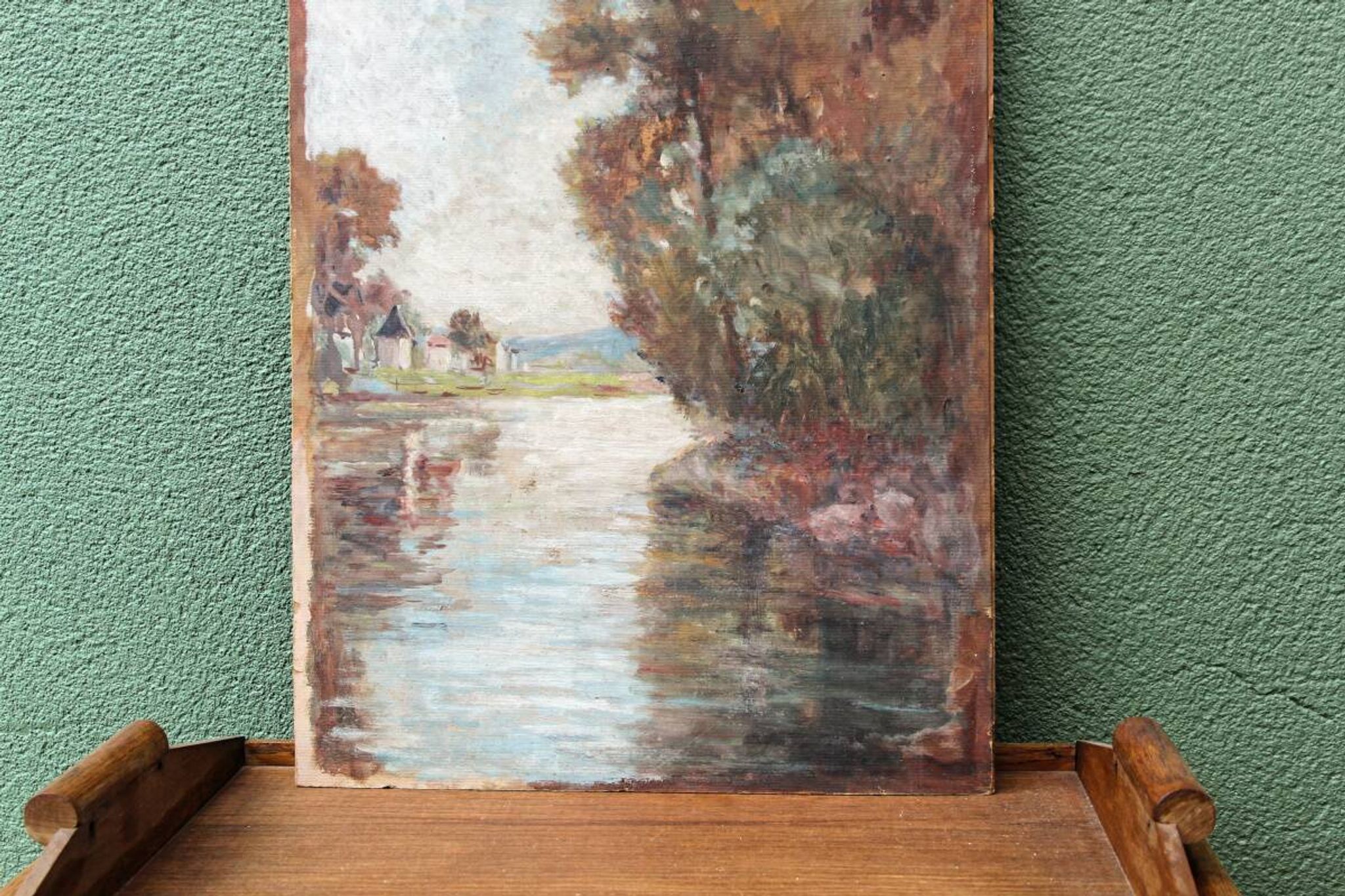 Oil on hardboard, riverside