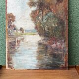 Oil on hardboard, riverside