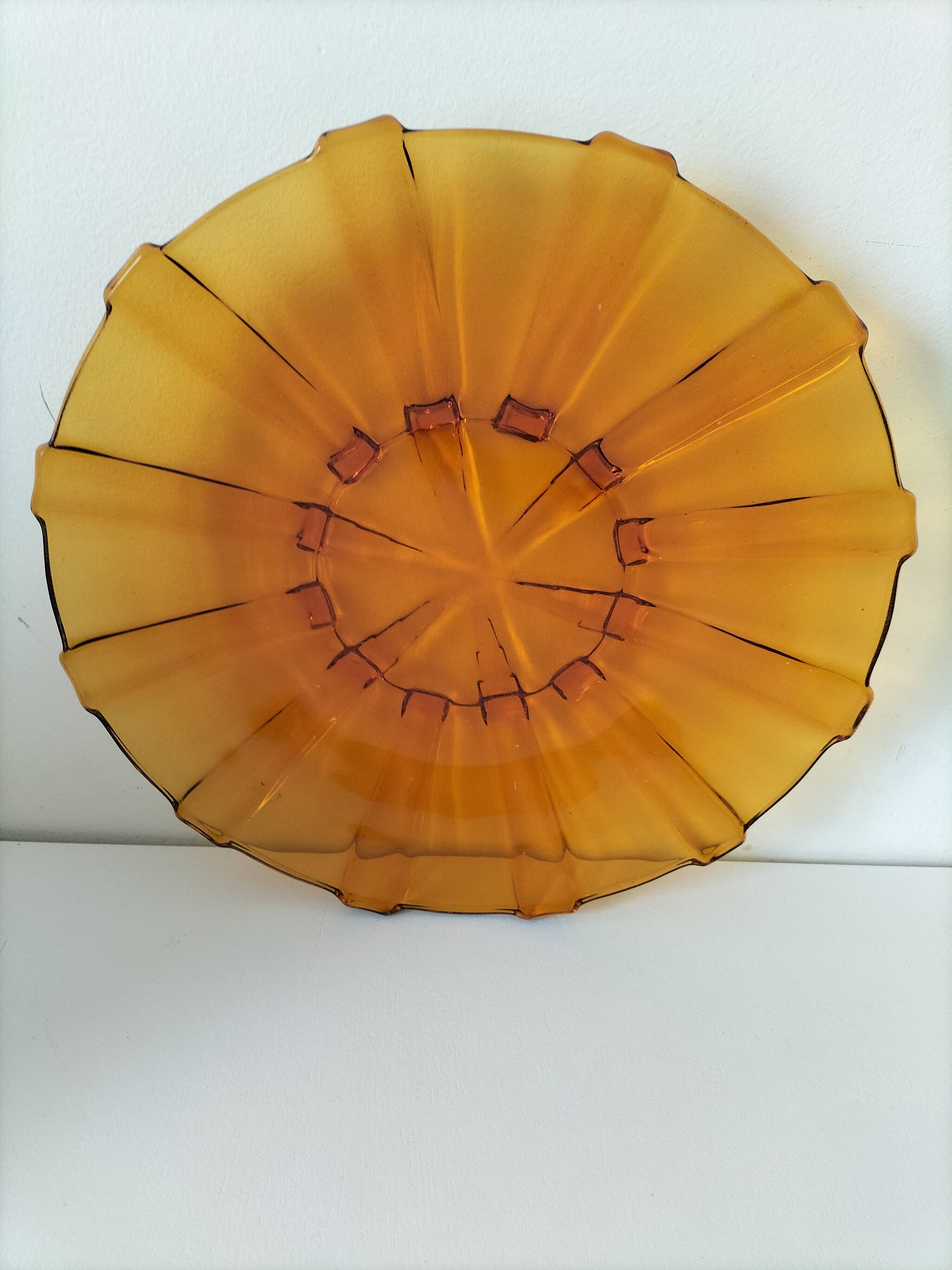 Large amber molded pressed glass dish