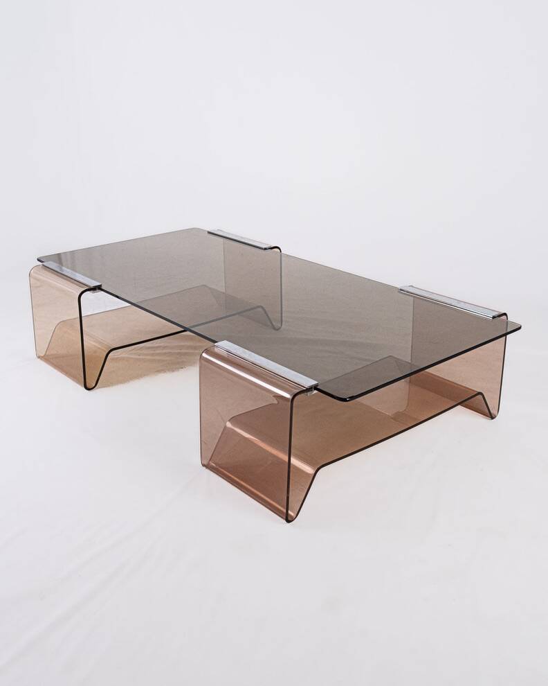 Table basse en plexi fumé et verre, Michel Dumas, France, 1970