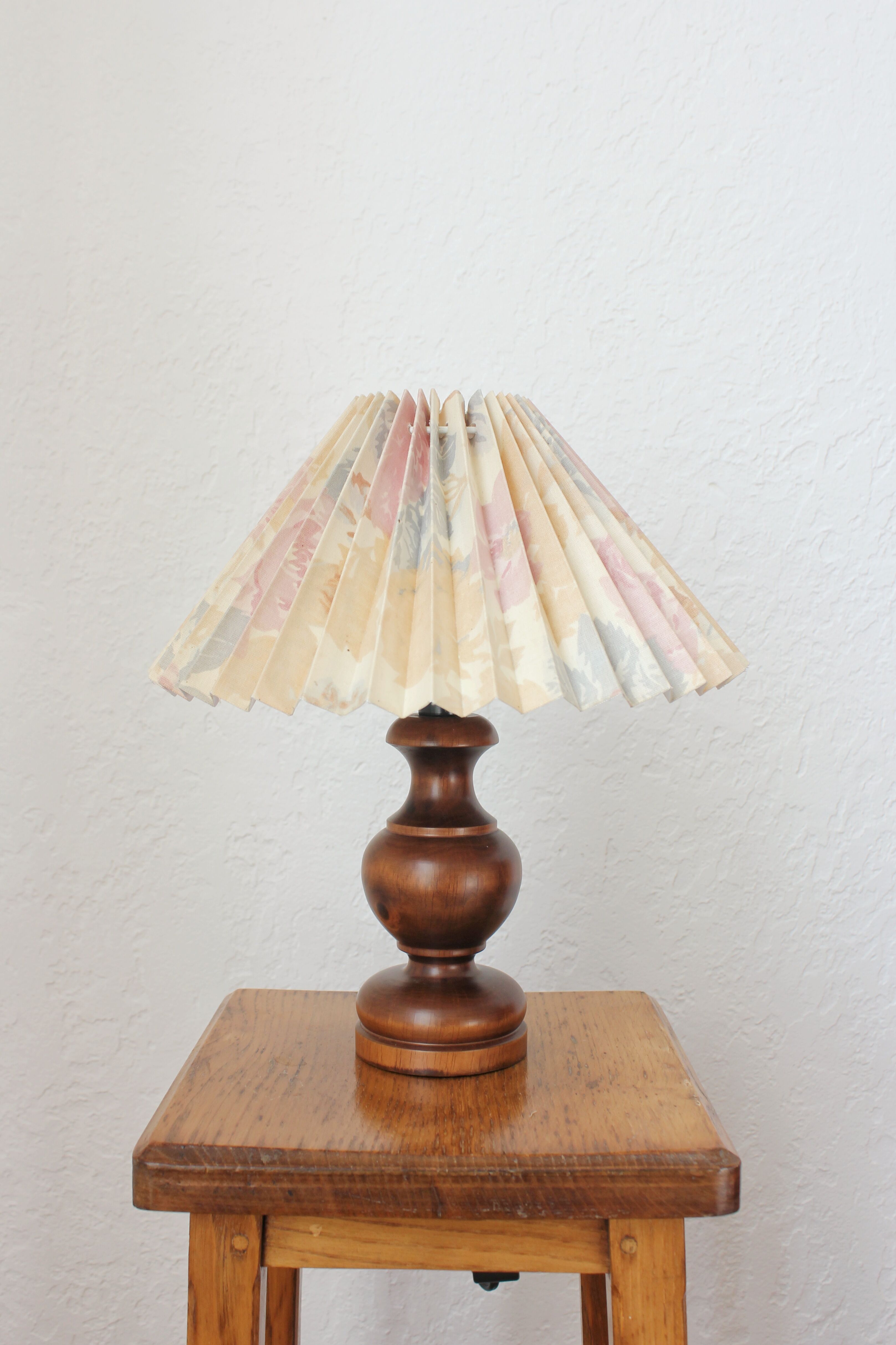Wooden table lamp with vintage floral pleated lampshade