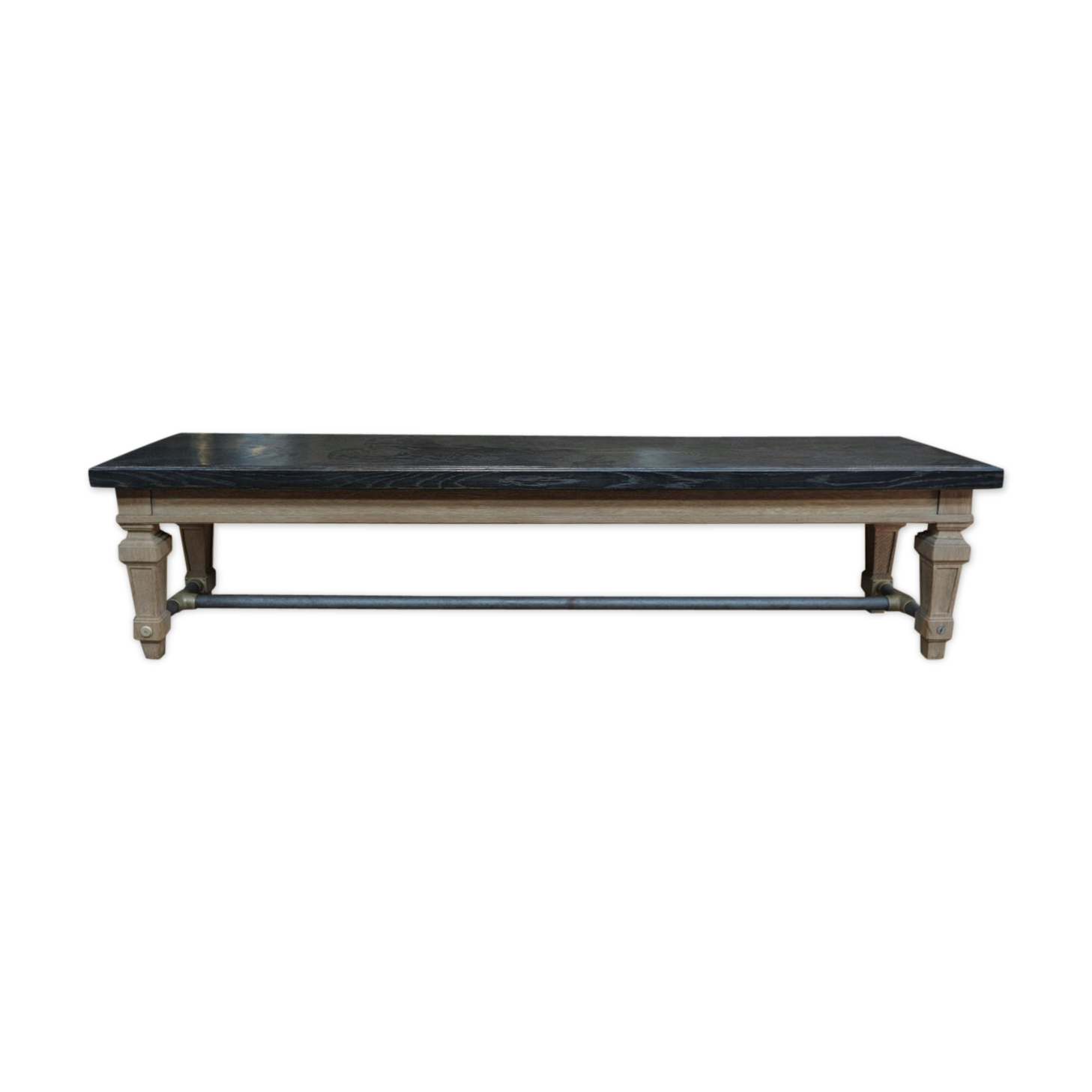 Ancient bench in solid oak and french bank brass