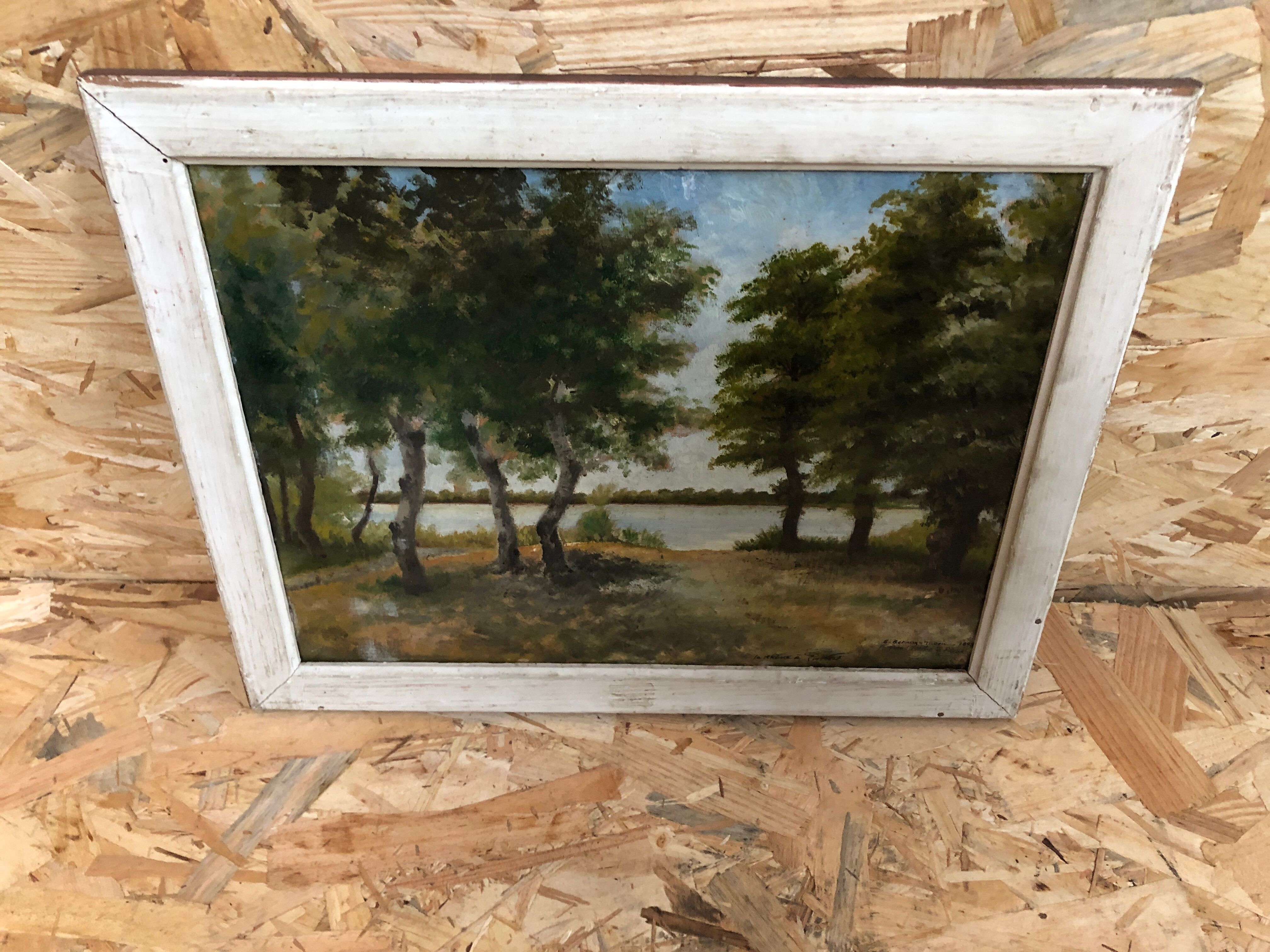 Old oil painting Savior Bernay Theric 1895 the Rhône with vintage wooden frame