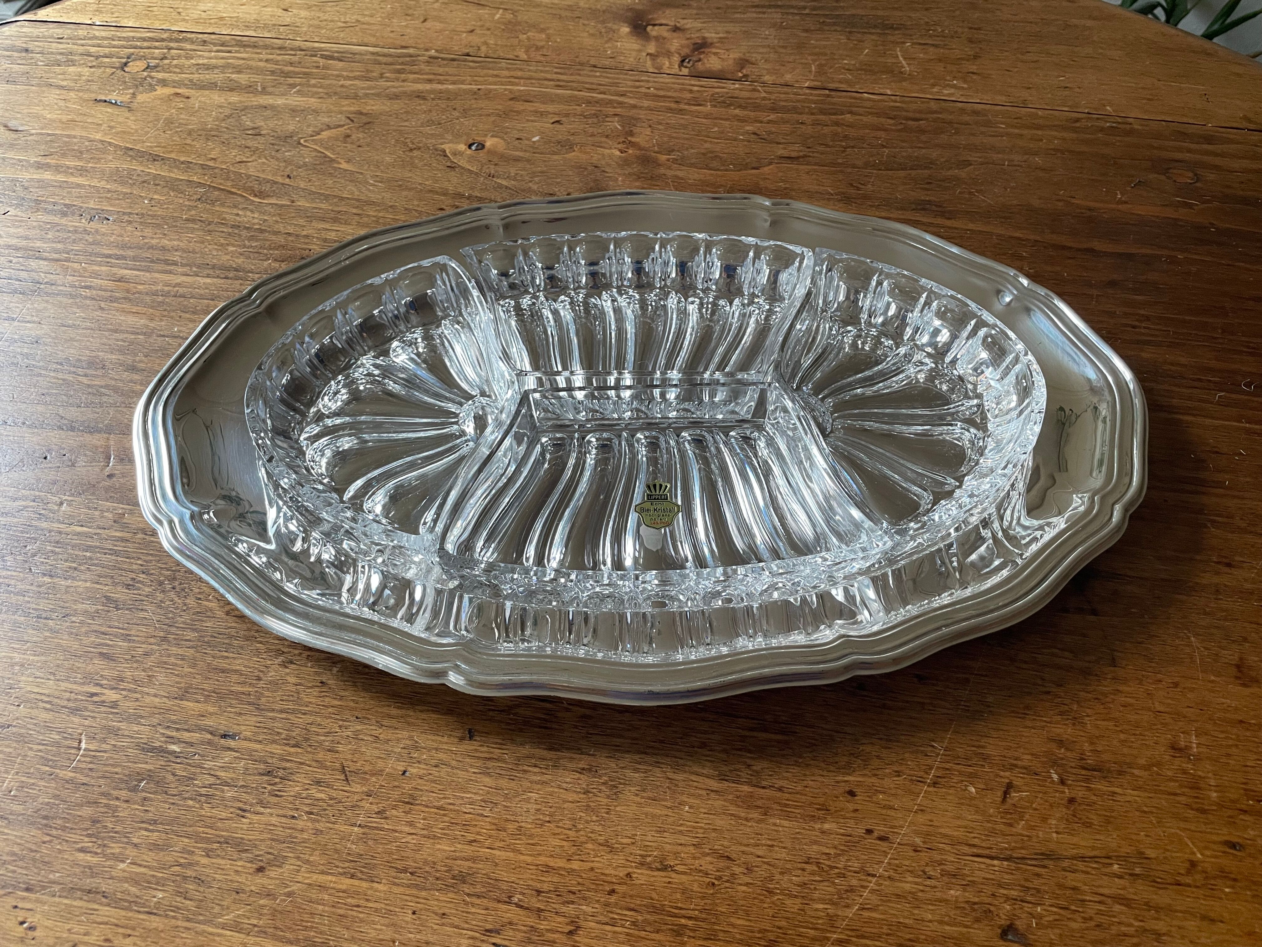 Antique serving dish, aperitif, starters, in Lippert crystal and metal